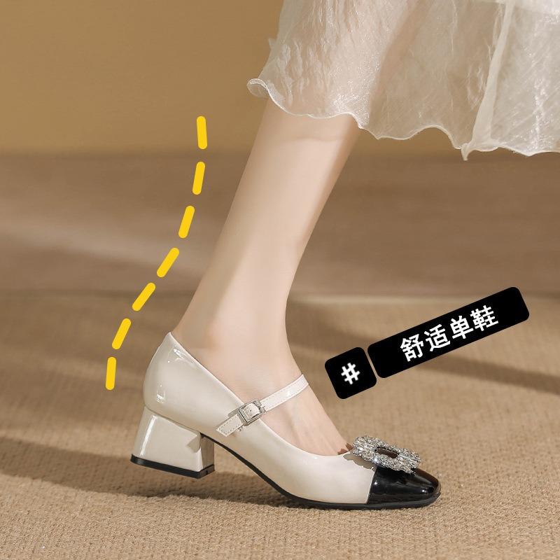 Spring and Summer New Mary Jane Rhinestone Square Head Thick Heel Single Shoes Women's Burgundy Bridal Wedding Shoes