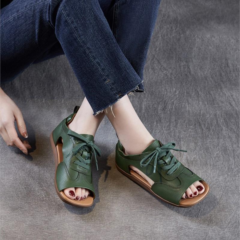 Johnature Sandales peep toe en cuir véritable rétro à semelle plate et à lacets, chaussures pour femmes à semelle souple