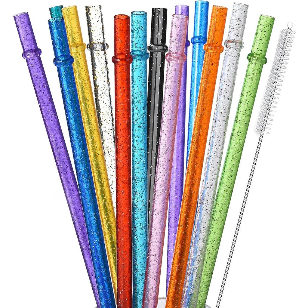 12pcs Reusable Random Color Clear Plastic Glitter Straws, 23CM Extra Long Tumbler Straws for Cups,Plus Cleaning Brush