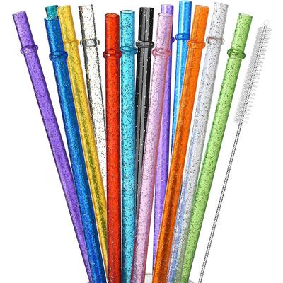 12pcs Reusable Random Color Clear Plastic Glitter Straws, 23CM Extra Long Tumbler Straws for Cups,Plus Cleaning Brush
