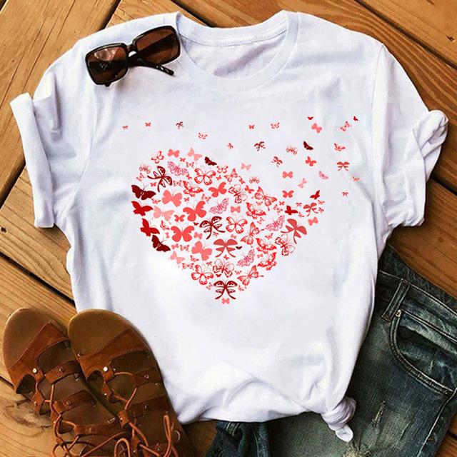 Women T Shirt Butterfly Heart Print T Shirt Female Summer Casual Cute Graphic Tee Tops Women Summer Funny Harajuku T-Shirts Tops