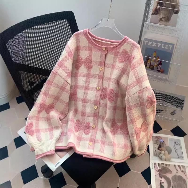 Осень и зима новый свободный и ленивый клетчатый бант модный повседневный свитер женская куртка повседневный вязаный свитер One size розовый