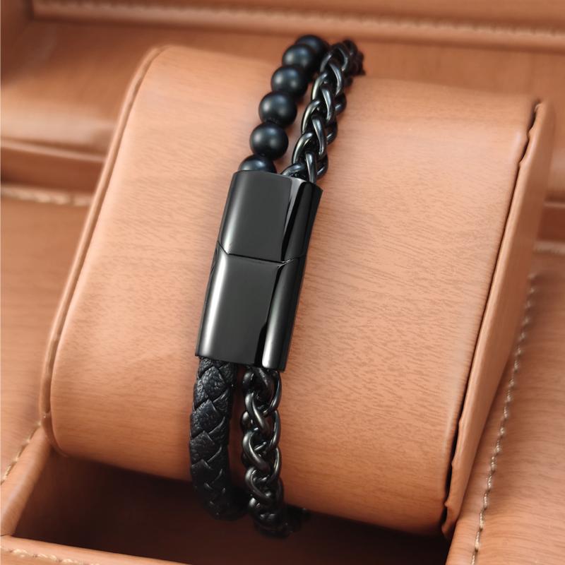 Trendy Geniune Leather Multilayer Bracelet for Men Chain Double Black Luxury Punk Braided Bracelet Wristband Male Charm Jewelry