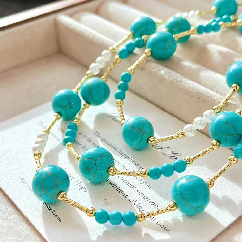 Vintage Vibe Artificial Turquoise Crystal Pearl Sweater Chain Necklace Collarbone Chain