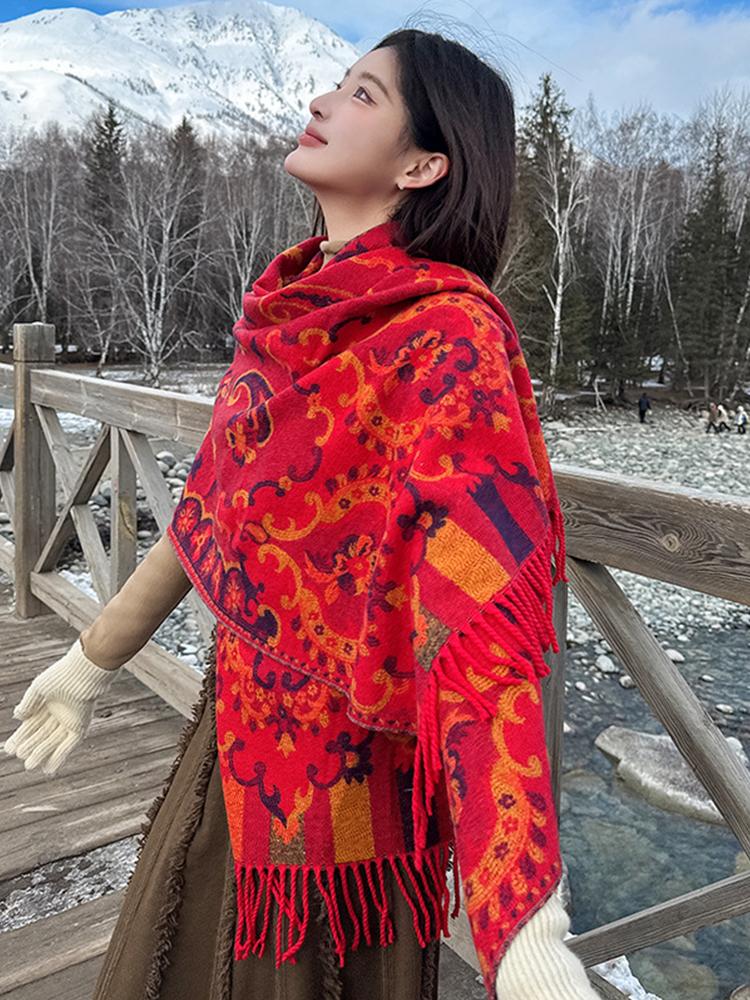 Winter Scarf Women Ladies Layers Poncho Elegant Red Floral Tassel Wrap Shawl Casual Warm Scarve Capa Para Pashmina Cloak Vintage
