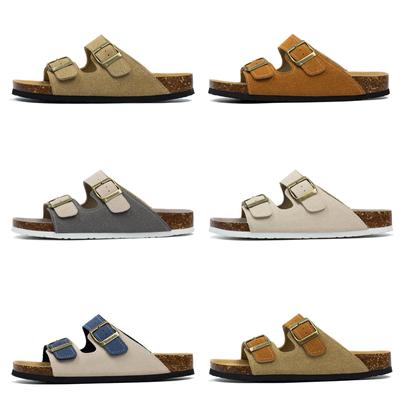 Moda 2025 Novo Verão Chinelos de Cortiça Masculinos Camurça Couro Tamancos Mules Chinelos Homem Cortiça Macia Duas Fivelas Slides de Praia Calçado para Homens 45