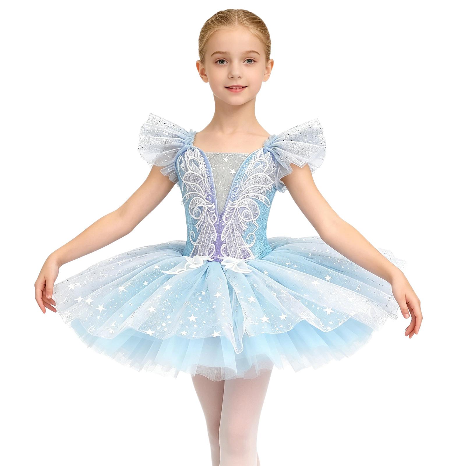 Kids Ruffled Sleeves Sequin Tulle Tutu Dress Princess Embroidery Ballerina Ballet Dress for Girls Stage Performance Costumes 110