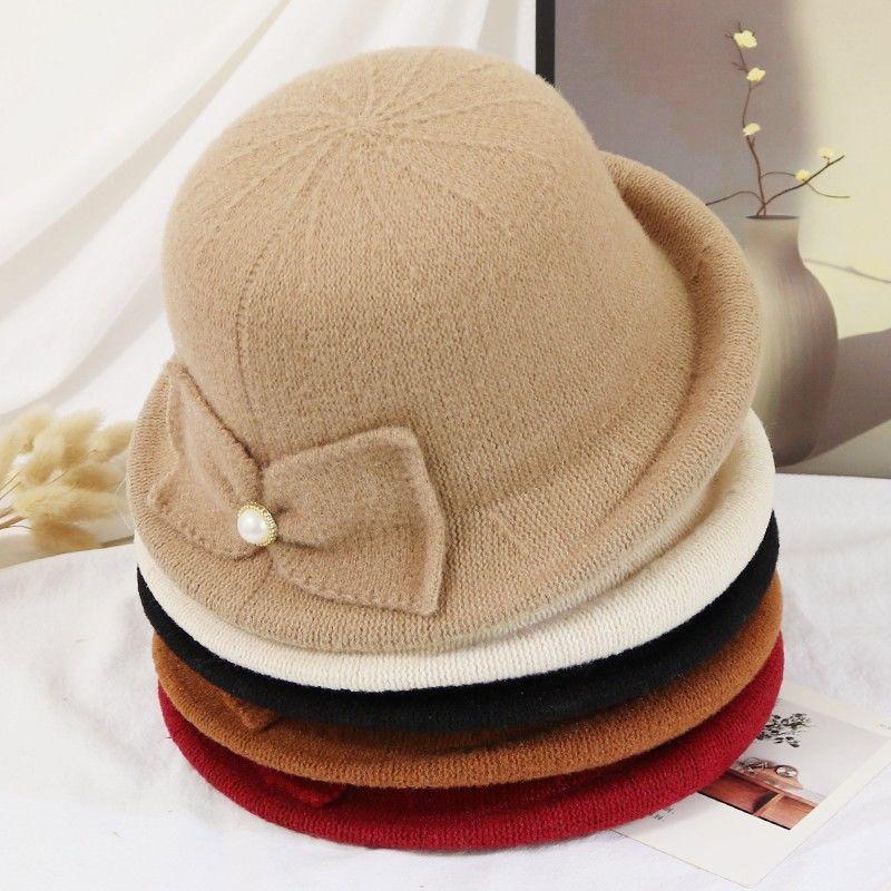 WTEMPO Cold-proof Windproof Warm Solid Color Pearl Bow Bucket Hats Women's Autumn Winter Casual Verstaile Retro Elegant Hats