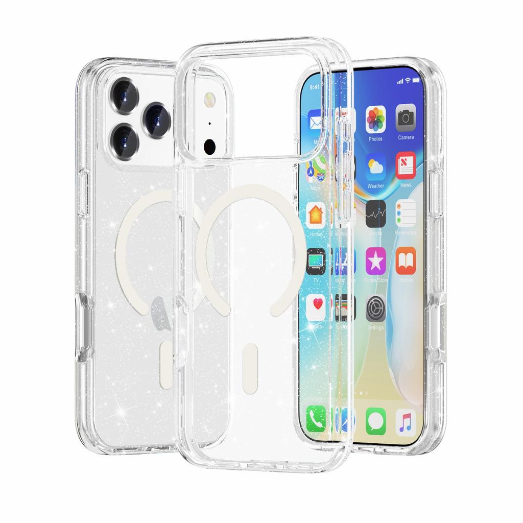 iPhone18ProMax Magnetic Mobile Phone Case Is Suitable for Apple 18Pro Terminator Transparent Glitter MagSafe Case.
