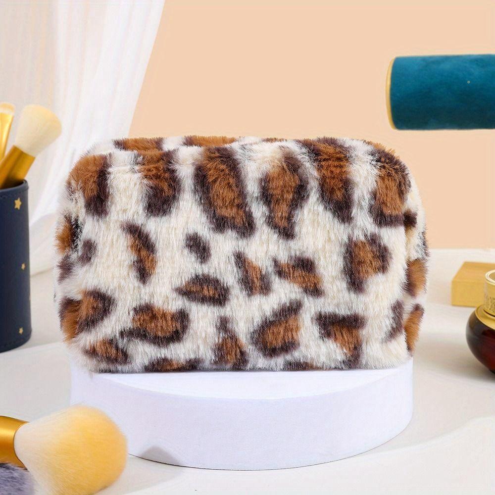 Large Capacity Leopard Print Plush Makeup Bag Cosmetic Storage Bag Zipper Toiletry Bag Wash Pouch Travel Organizer