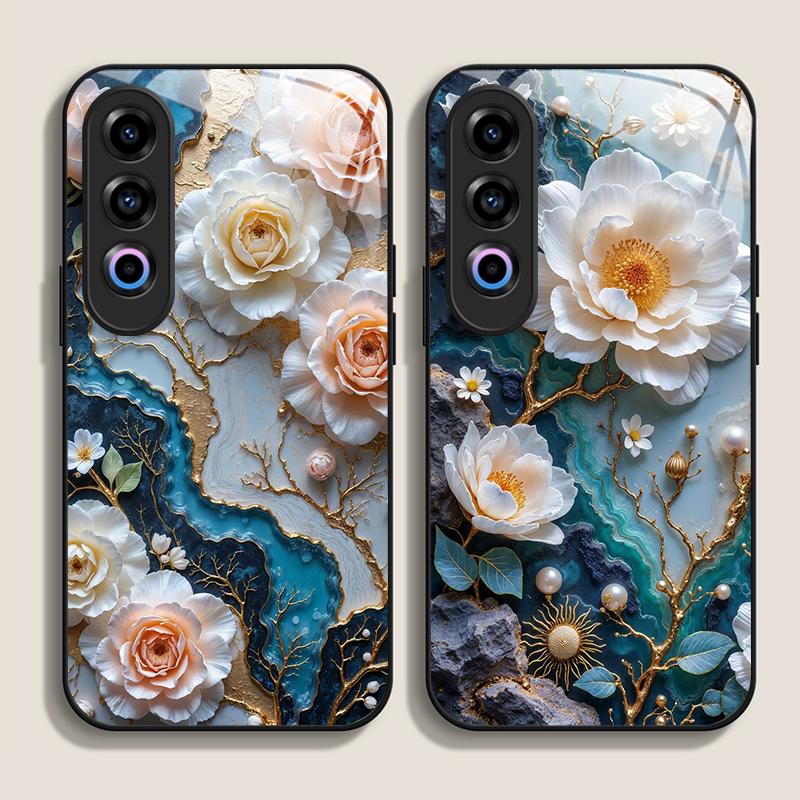 White Camellia Flower Marble Texture Tempered Glass Phone Case for OnePlus 13R 12 11 10 9 Nord CE4 3 2 Lite ACE2 ACE3 Pro Cover