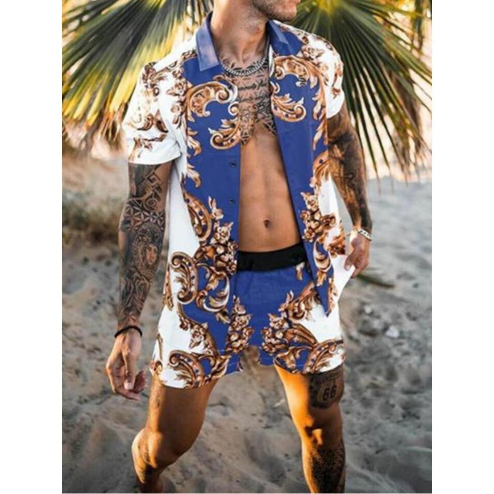 New Beach Set: Men’s Short-Sleeved Shirt and Shorts – Casual Printed Beach and Holiday Set