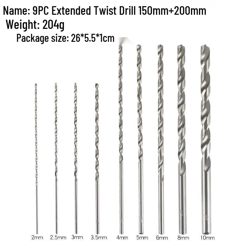 High-Speed Steel Extended Twist Drill, Straight Shank, 150mm/200mm Length