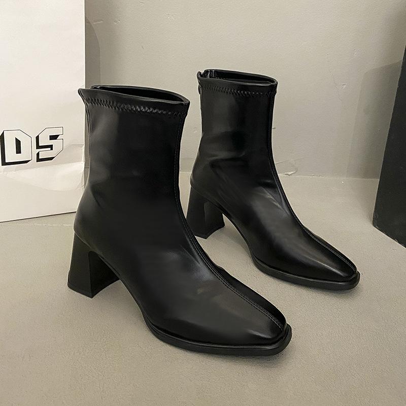 French short boots and ankle boots women's autumn and winter velvet square elastic thin boots thick heel high heel Martin boots