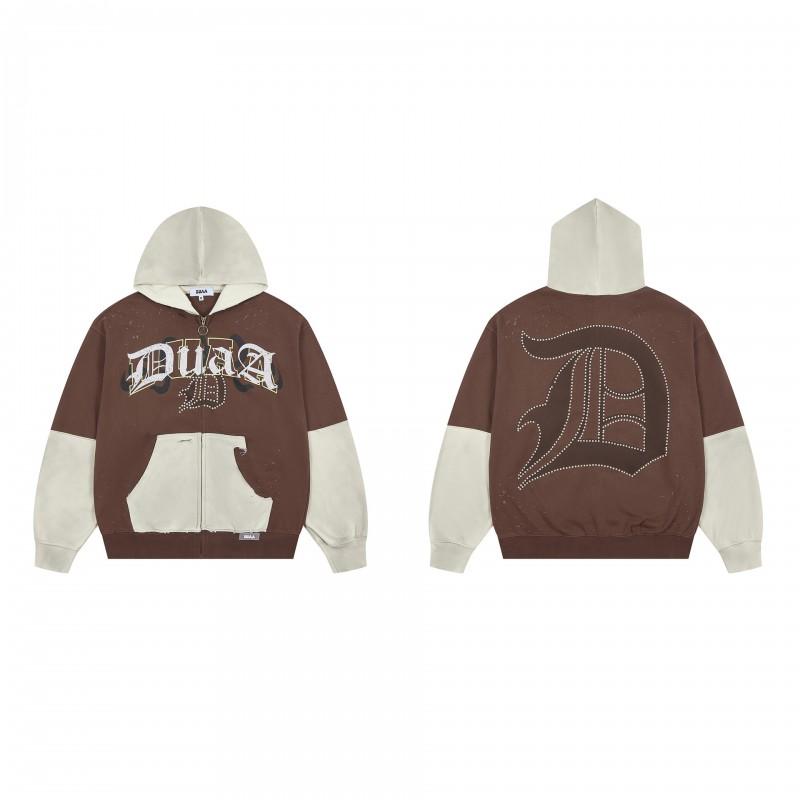 Vintage Washed Hoodie With Rhinestone Embroidery Streetwear Hip Hop Oversized Zip-Up Sweatshirt Men