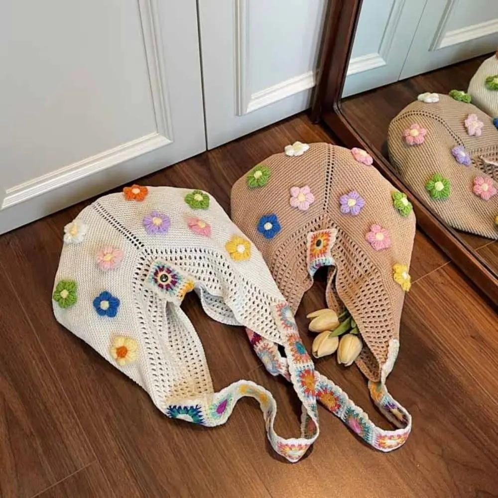 Trendy Hollow Out Woven One-shoulder Bag Flower Design Bohemian Style Beach Bag Tote Bag for Women