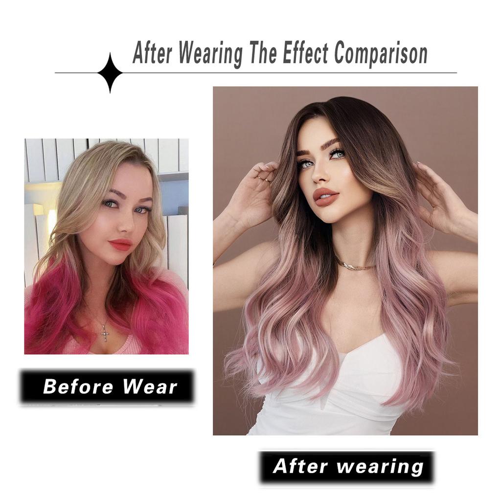 Women's Simulation Wig 60cm Hair Pink and Purple Wig Long Curly Wig Full Headgear Rose Hair Net Headdress Beauty Decoration Wig