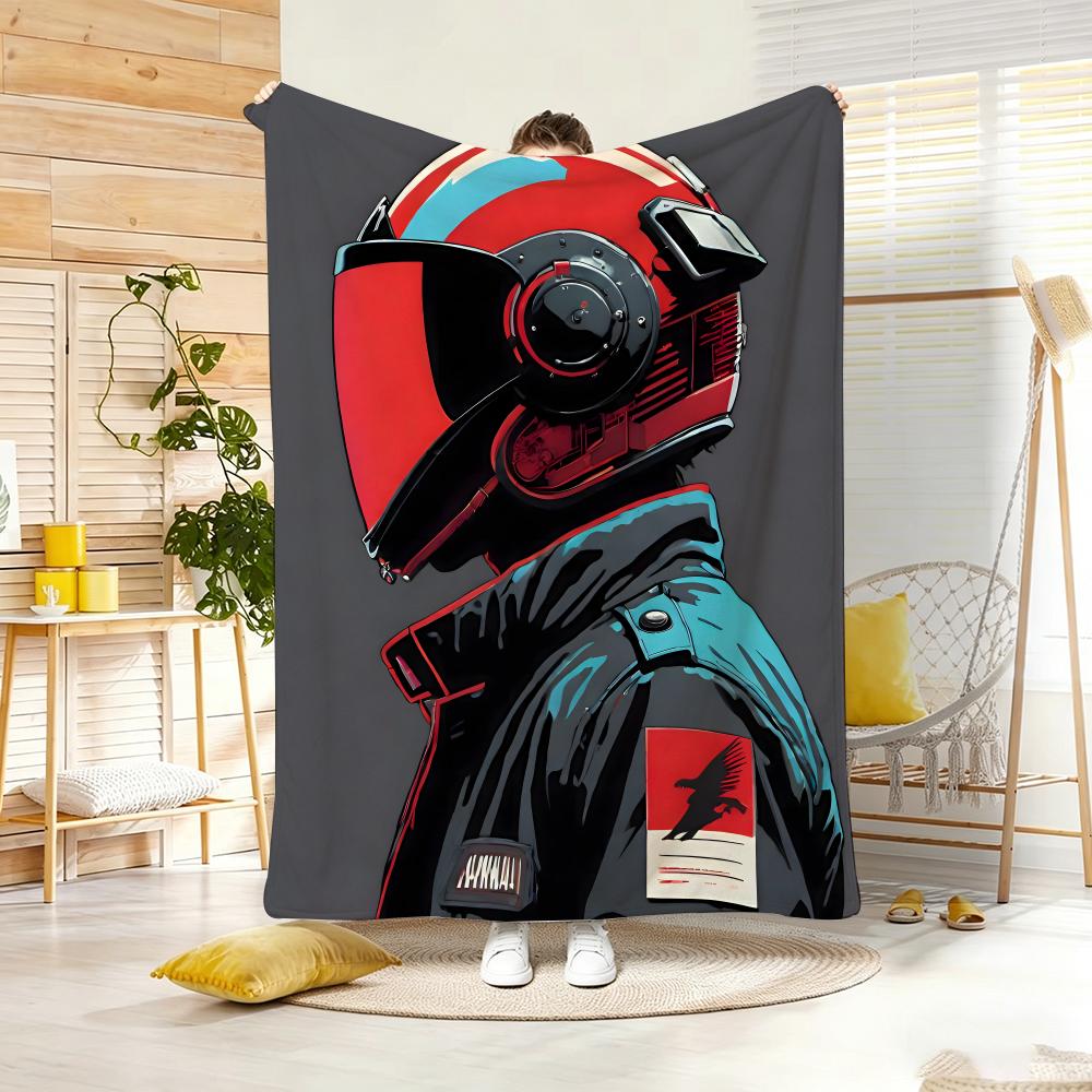 Retro Biker Helmet Graphic Throw Lightweight 240G Flannel Blanket Soft Skin-Friendly For Summer Cooling
