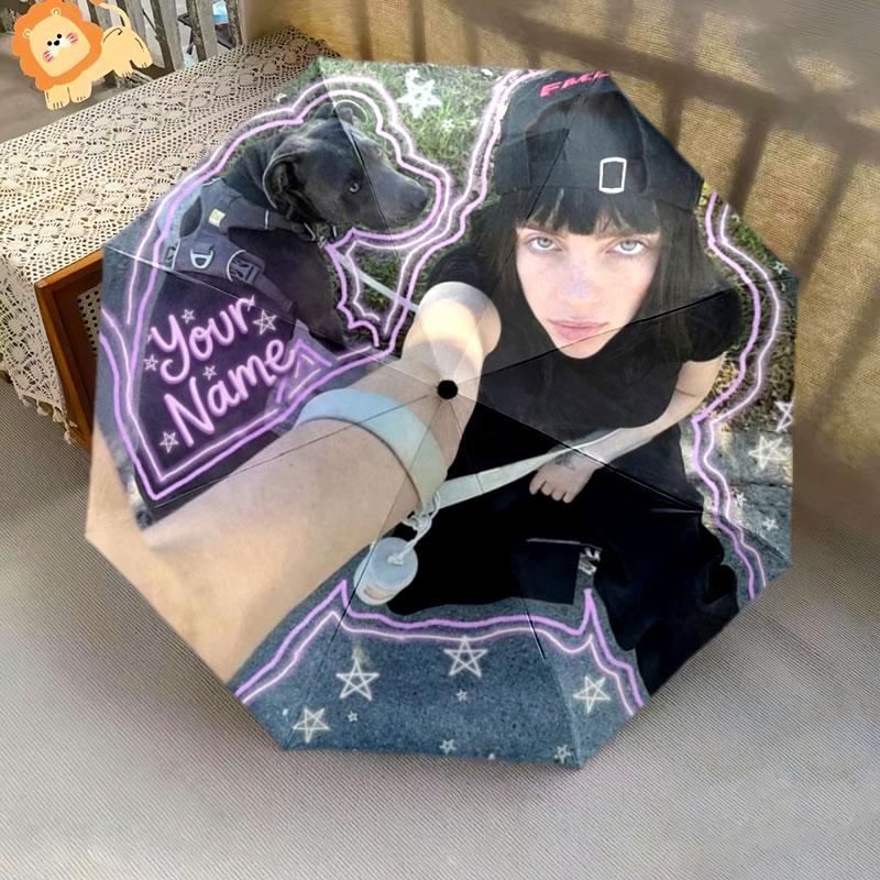 1 PC Automatic Folding Umbrella - Billie Eilish Custom Name Pattern, Portable & Foldable Design with 8 Ribs, Christmas Birthday Gifts