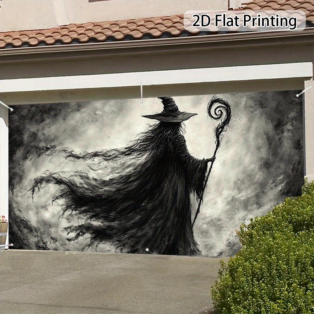 1 piece of 2D flat Gothic Halloween witch garage door banner - black and white witch decorationzyc