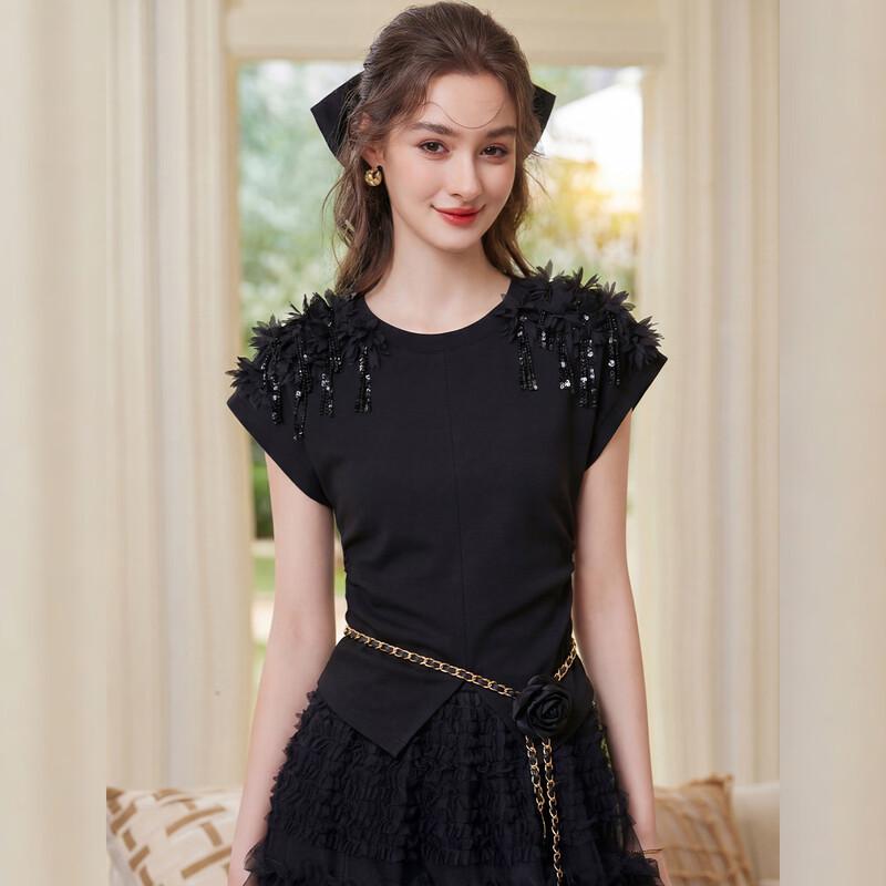 Bailuyu Women s Beaded Pleated Slit T-Shirt L