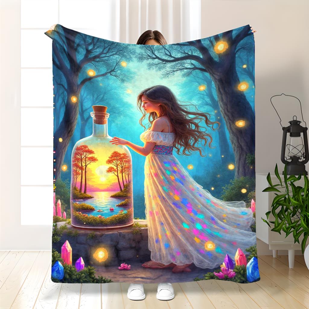 

Long dress girl with a glass bottle Flannel printed blanket suitable for all seasons suitable for living room office sofa travel 75x100cm