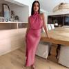 Women Spaghetti Strap Halter Solid Ankel-Length Dress High Collar High Waist