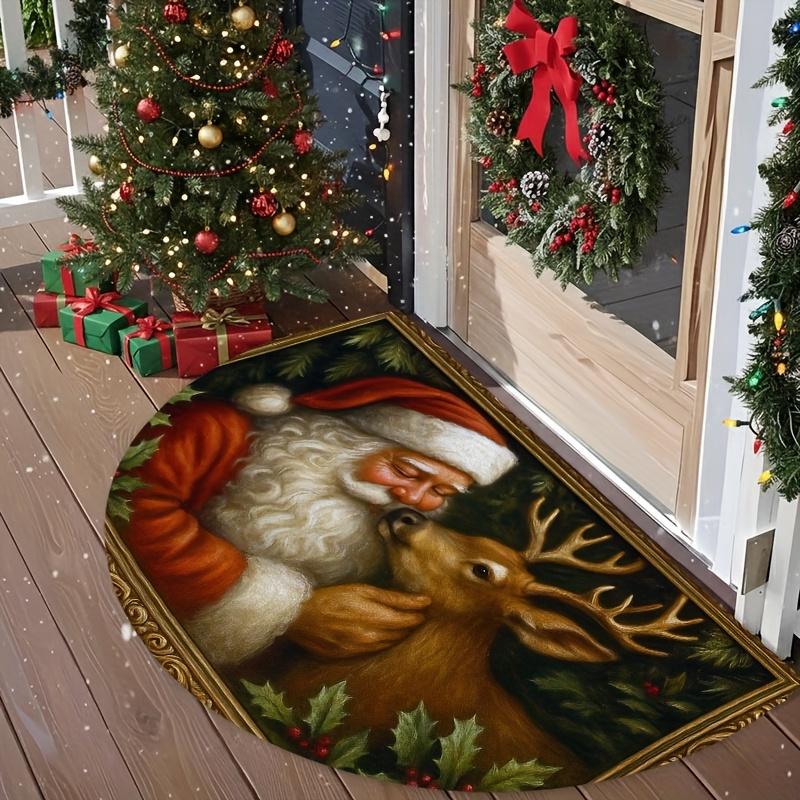 1Pcs Santa Deer Holly Pattern Semi Circle Welcome Doormat Non Slip for Outdoor Patio Porch Kitchen Bathroom Entryway Floor Mat