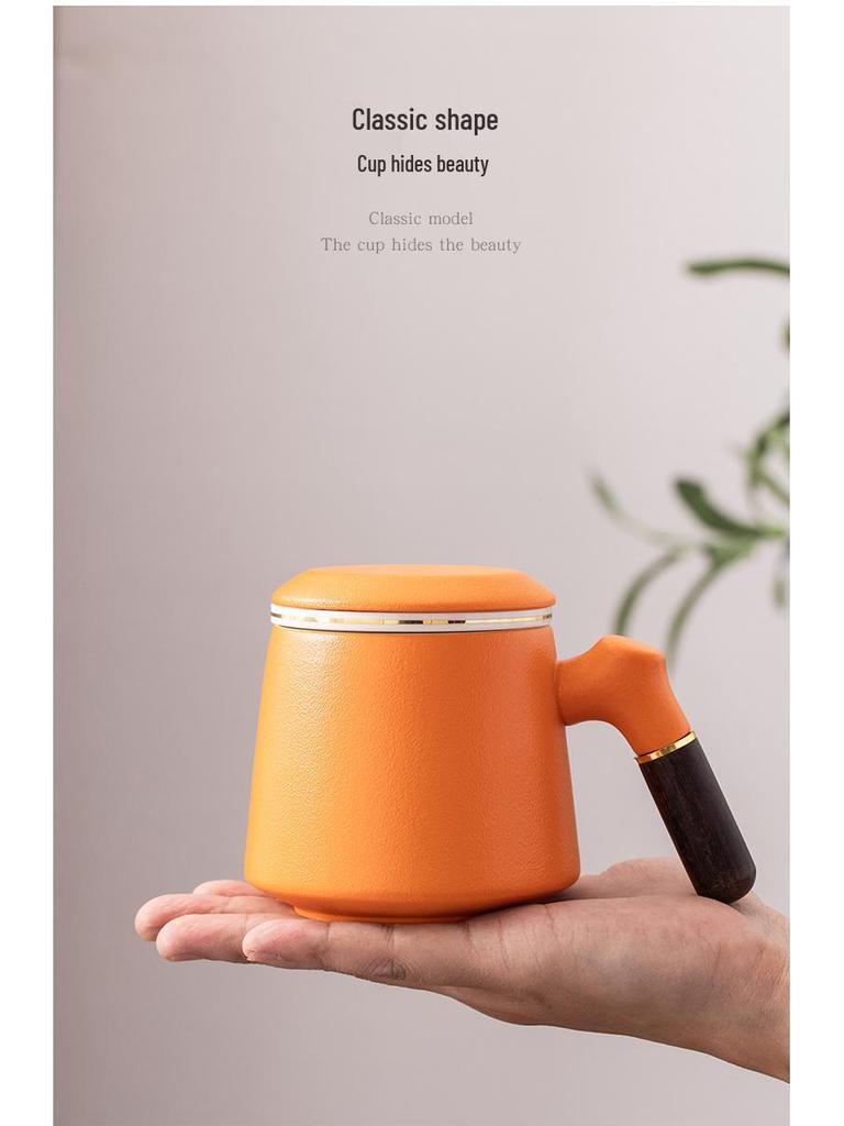 Chinese Style Ceramic Cup Gift Set with Lid and Wooden Handle - Three-Piece Tea Cup with Filter
