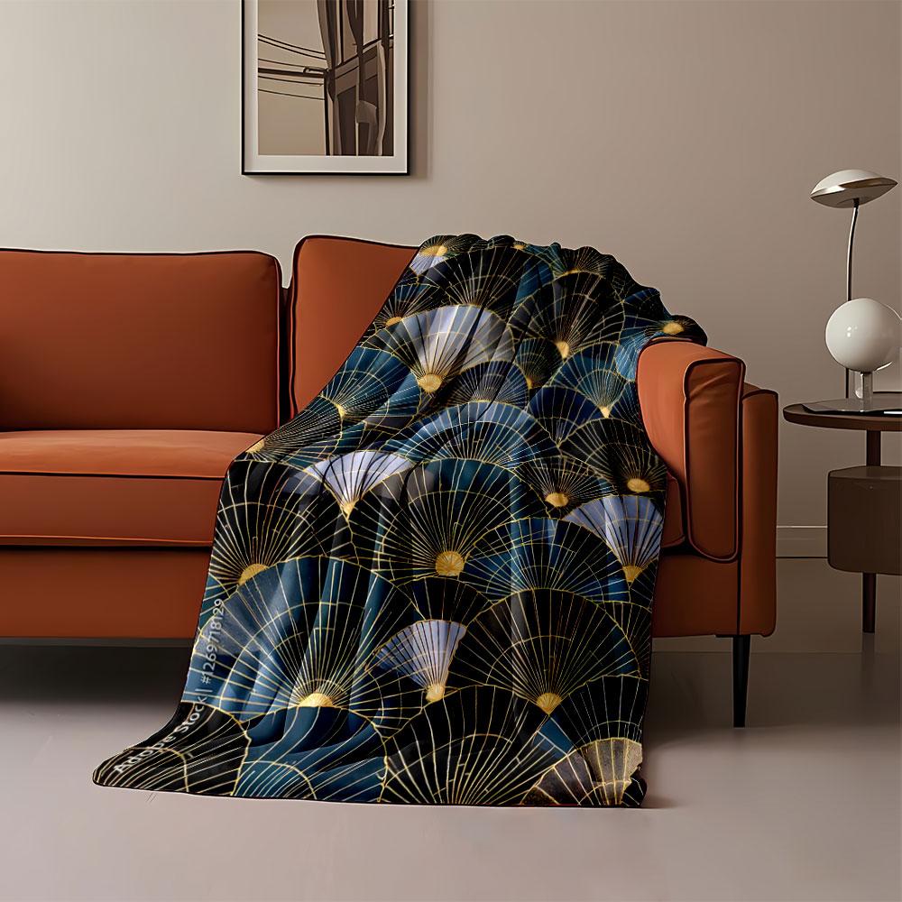 Overlapping fan shapes with gold lines and gradients of blue and black. for all seasons blanket lunch break throw gift