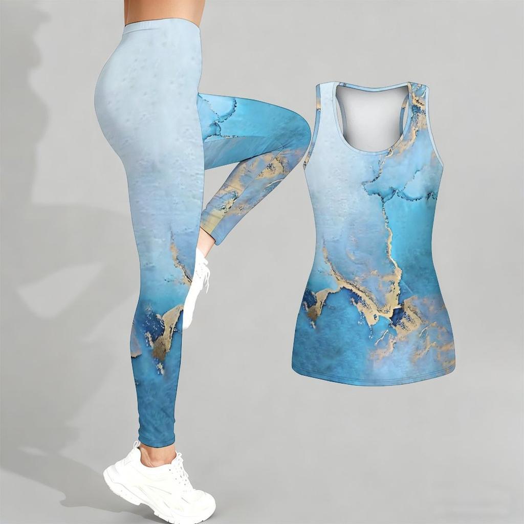 Marble Veining Printed Yoga Outfit for Women Fashion Workout Leggings Fitness Sports Casual Yoga Set Sports Suit