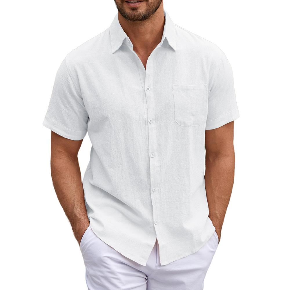 

Summer Men s Short Sleeve Shirt Cotton Linen Solid Color Turn-down Collar Breathable Lightweight Basic Style Male Button Tops XXXL білий