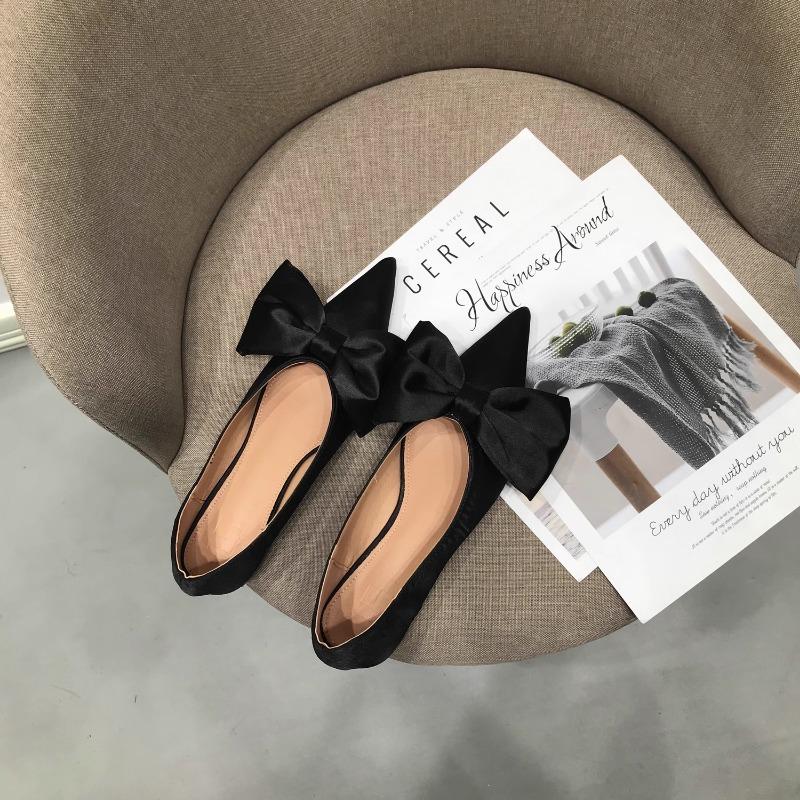 Fashion Flat Shoes Women 2025 Spring Autumn New Fashion Pointed Shallow Mouth Bow Silk Plus Size 43 44 Women's Shoes Zapatos De Mujer