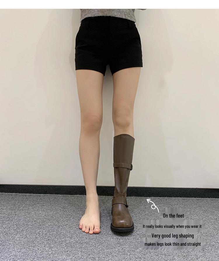 Su Yinyin Retro Cowhide Double Buckle Over-the-Knee Chunky Heel Round Toe Knight Boots for Women