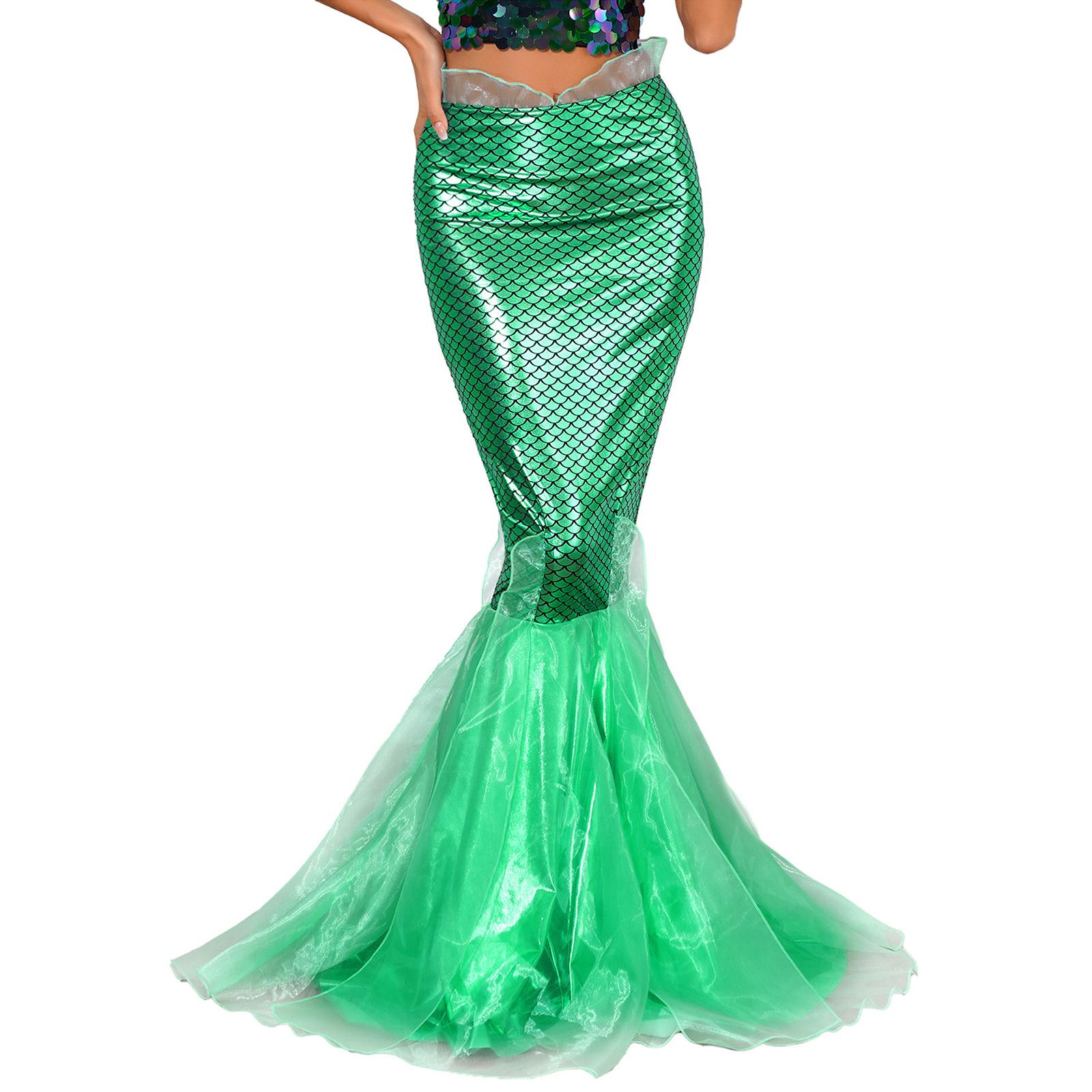 Dames Halloween Zeemeermin Cosplay Kostuum Metallic Tanktop Visgraatprint Croptop met Tule Visstaartrok Set Verkleedkostuum XXL