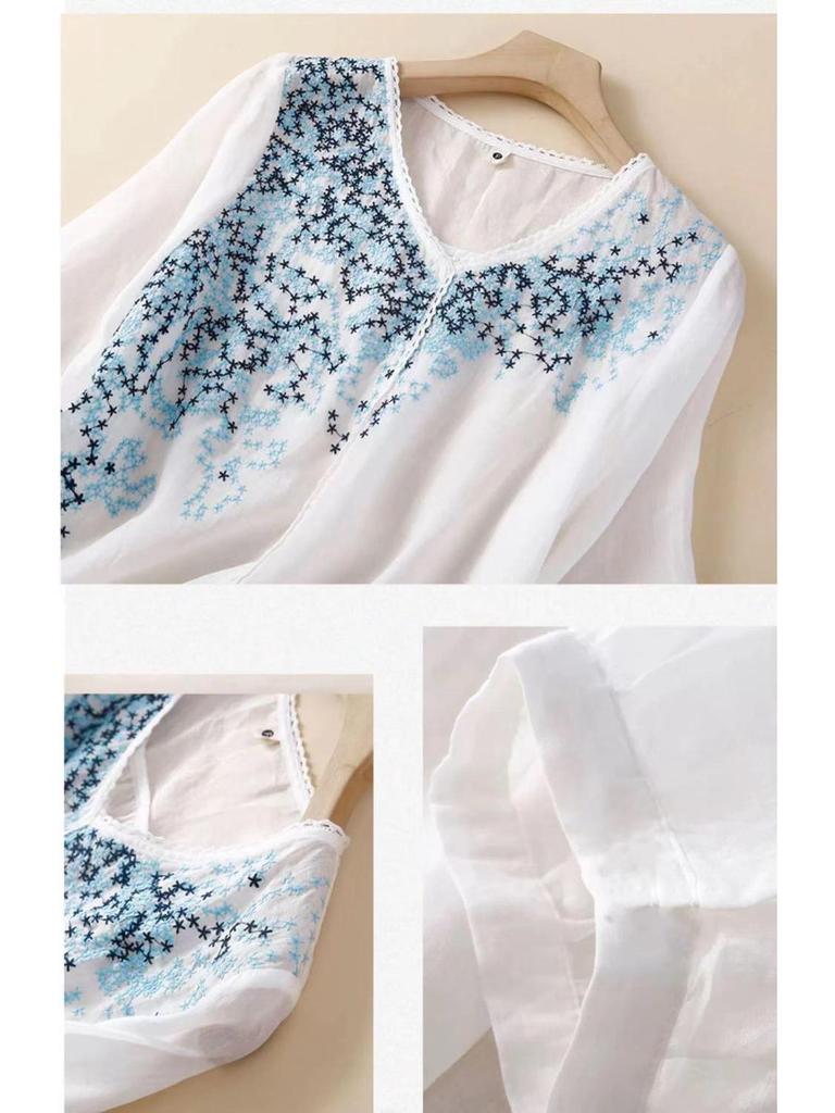 2024 Summer Embroidered Lace Cotton Linen Plus Size Short Sleeve Slimming Blouse