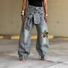 Women's Denim Pants Star Vintage Old Blue Washed Baggy Jeans American Loose Wide Leg Trousers Fashion Hip-hop