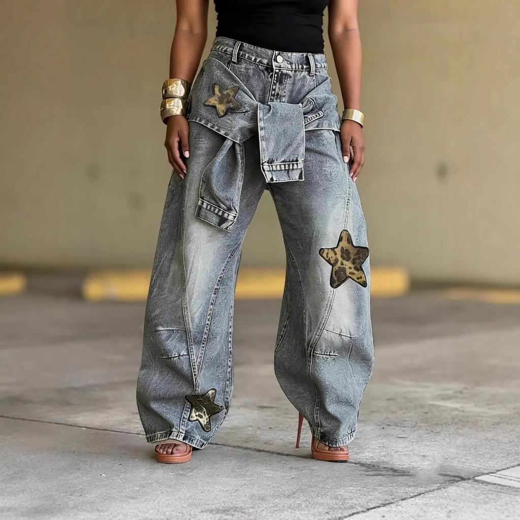 VIONA Damen-Jeans Star Vintage Altblau Gewaschen Baggy Jeans Amerikanisch Locker Weites Bein Hosen Mode Hip-Hop