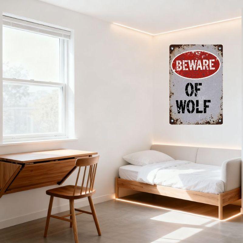 Vintage Distressed Metal Tin Sign 'BEWARE OF WOLF' Rustic Warning Plaque for Home Man Cave Bar Decor with Cracked Effect & Metal