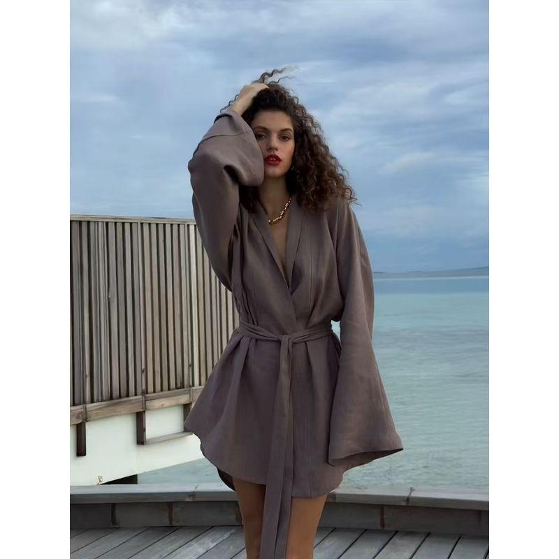 

Western Style Sexy V-neck Long sleeve Lace-up Dress Casual and Comfortable Beach Skirt Loose Lace up Dress Brown L