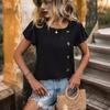 Ladies Summer Short Sleeve O Neck Solid Color Fake Button Pullover  Black Shirt Top