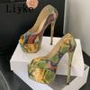 Fashion Liyke 2025 New Sexy Mixed Color Snake Print Platform Pumps Women Shoes Hollow Out Leather Summer Super High Heels Stiletto Mujer