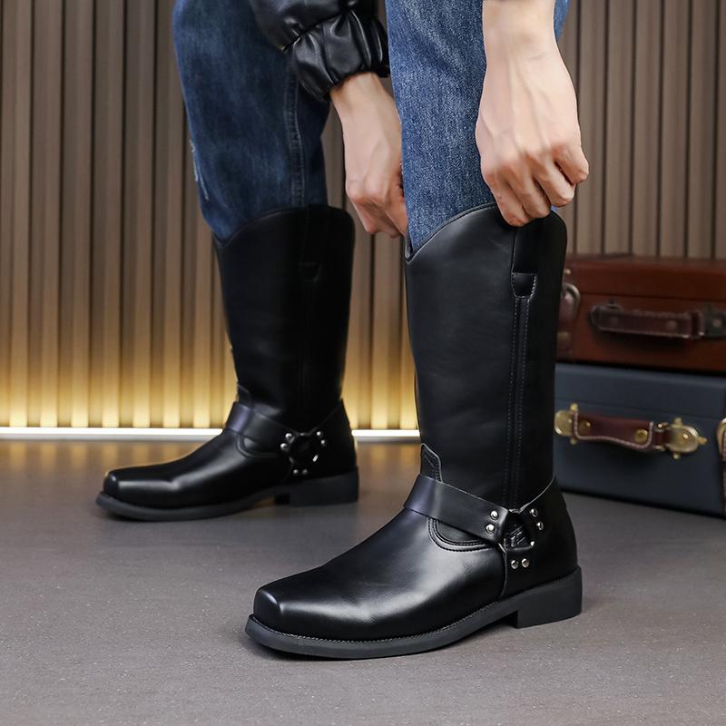 Men Retro Cowboy Boots Black Brown British Style Men High Top Boots Knight Boots Mid Top Boots Men Sizes 38-46 Men Shoes