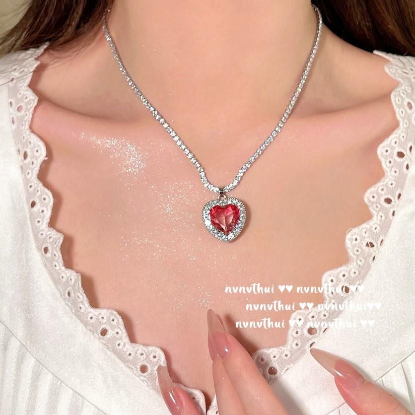Papalacha Pink Gemstone Love Necklace, Princess On The Run, 18K Gold Plated Gradual Change Powder, Zircon Heart Ring