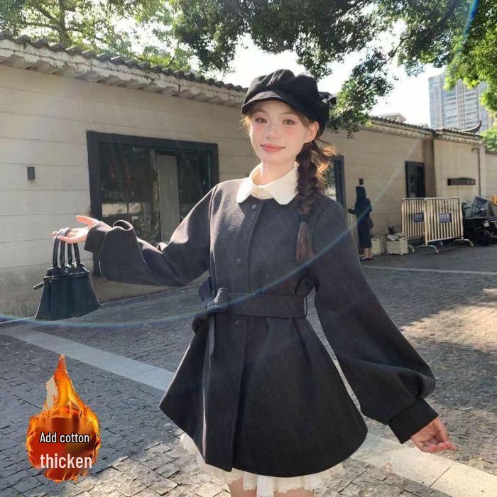 Autumn/Winter 2025 Elegant Double-Sided Wool Coat with Belted Lantern Sleeves - French Style Petite Women's Windbreaker Dress