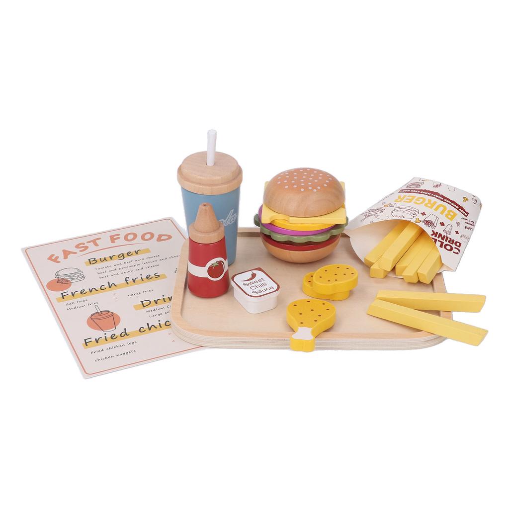 Set Hamburger Fast Food din Lemn de Jucărie Realist Educativ Accesorii de Bucătărie Jucărie pentru Băieți Fete