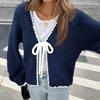 Women's V Neck Long Sleeve Knit Cardigan Regular Fit Elegant Bow Tie Front Solid Knit Cover Up Sweater
