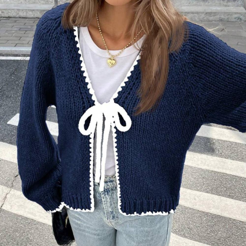 Women's V Neck Long Sleeve Knit Cardigan Regular Fit Elegant Bow Tie Front Solid Knit Cover Up Sweater