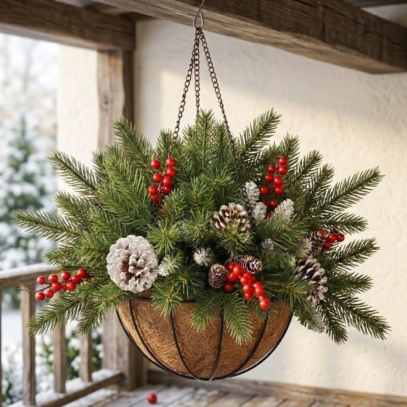 Weihnachts-Hängekorb Blumentopf Baum Halbkreisförmig Pilz Rattan Kiefernadeln Rote Früchte Band Dekorative Weihnachtsdekorationen