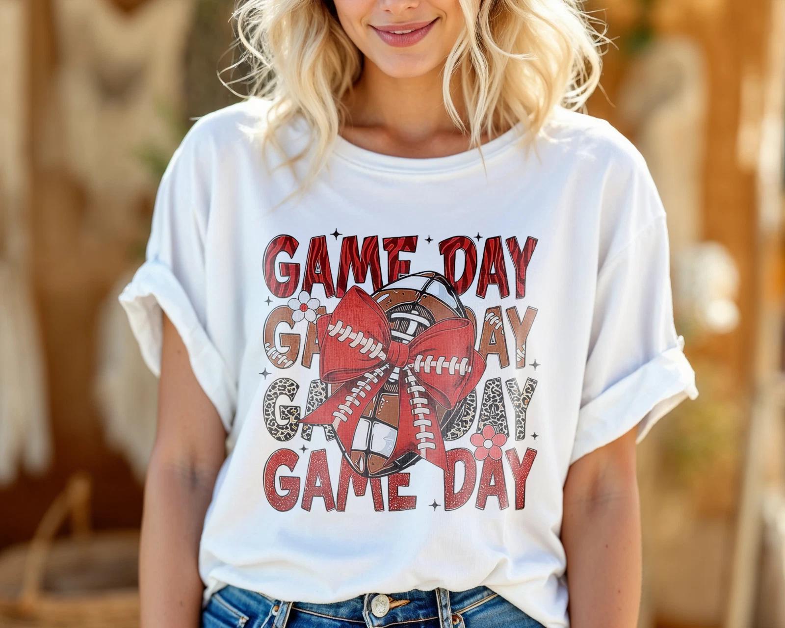Game Day Football T-Shirt – Cute Red Bow Leopard Print Tee for Sports Fans A343 XL